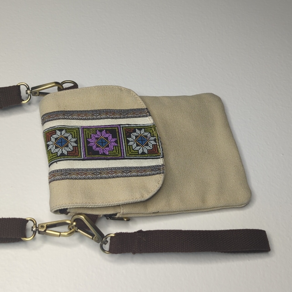Embroidered Khaki Canvas Crossbody Bag Cell Phone Pouch Wristlet Bohemian Hippie